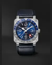 Bell & Ross Orologio automatico 42 mm in acciaio inossidabile con cinturino in pelle BR 03-93 GMT BLUE, N. rif. BR0393-BLU-ST/SCA Blu