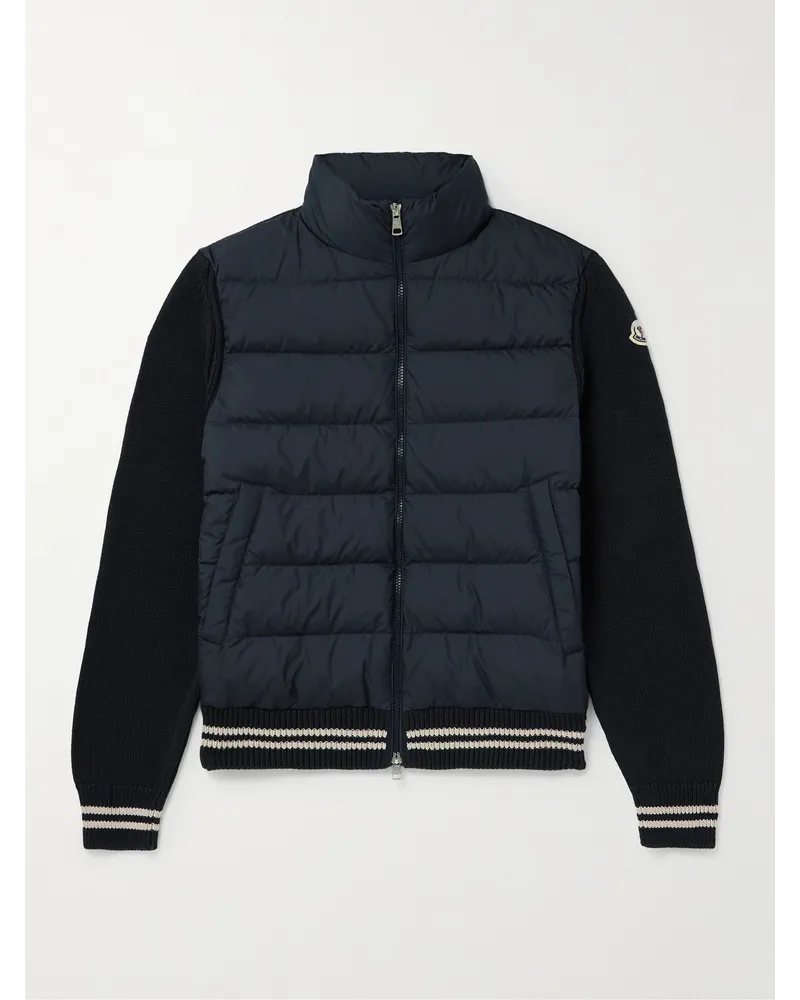 Moncler Cardigan in cotone a coste e shell trapuntato con logo applicato Blu