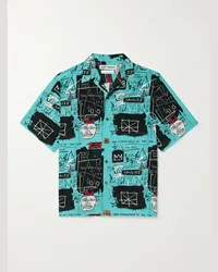 Wacko Maria Jean-Michel Basquiat Camicia in crêpe stampato con colletto convertibile Blu