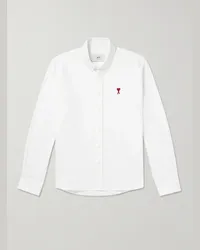 AMI Paris Camicia in cotone Oxford con collo button-down e logo ricamato Bianco