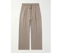 Pantaloni a gamba larga in lana vergine con pinces, coulisse e logo applicato