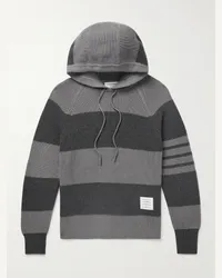 Thom Browne Maglia in cashmere tinta in capo a righe con cappuccio e logo applicato Grigio