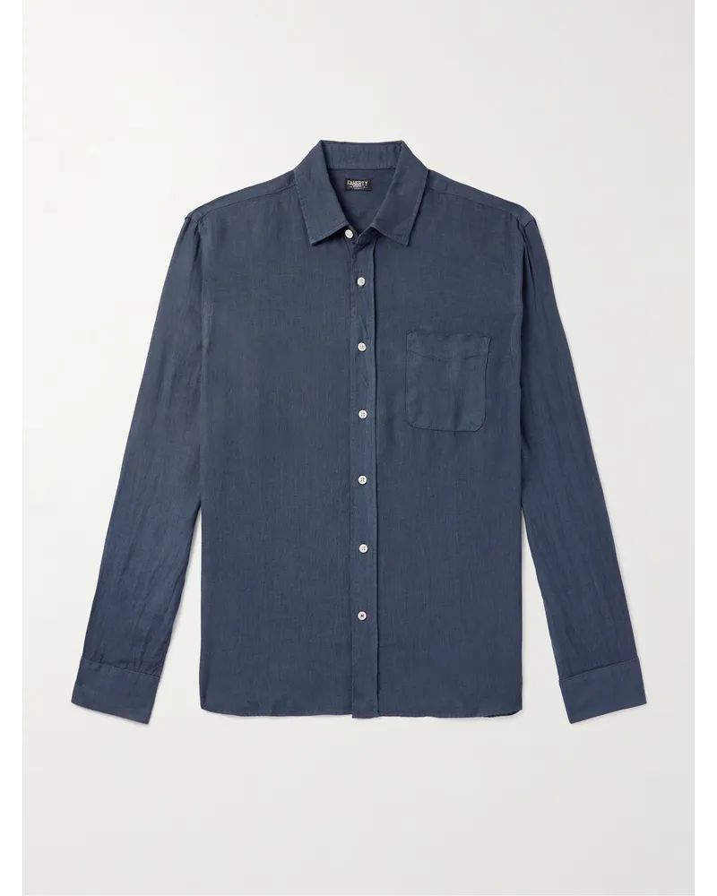 Faherty Camicia in lino con collo button-down Laguna Blu