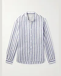 Brunello Cucinelli Camicia in lino a righe con collo alla coreana Bianco