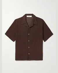 Séfr Camicia in misto cotone e lino con colletto aperto Dalian Marrone