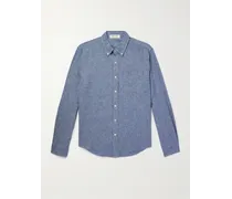 Camicia in chambray di misto lino e cotone con collo button-down