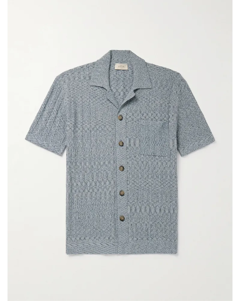 Altea Camicia slim-fit in spugna di misto cotone a coste con colletto aperto Blu