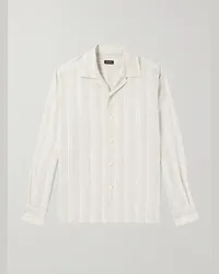 Ermenegildo Zegna Camicia in misto lino e seta a righe con colletto aperto Neutri