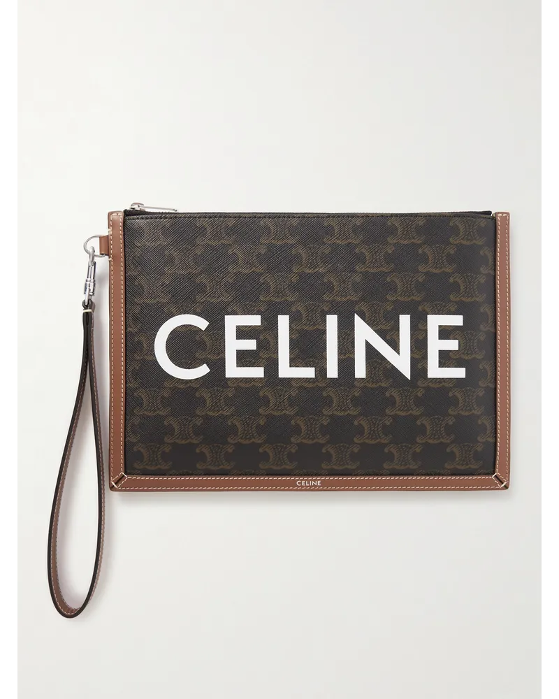 Celine Pochette piccola in tela spalmata con logo e finiture in pelle Triomphe Marrone