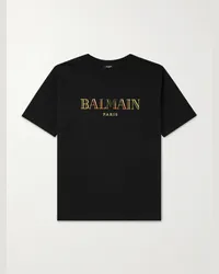 Balmain T-shirt in jersey di cotone con logo ricamato Nero