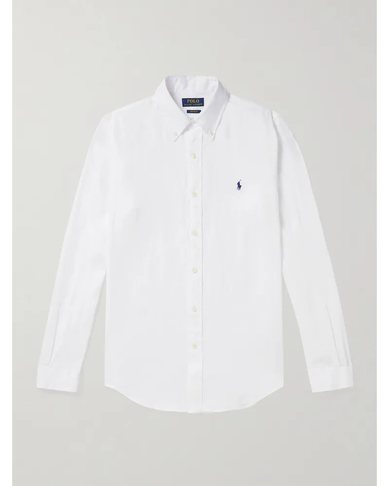 Ralph Lauren Button-Down Collar Logo-Embroidered Linen Shirt Bianco