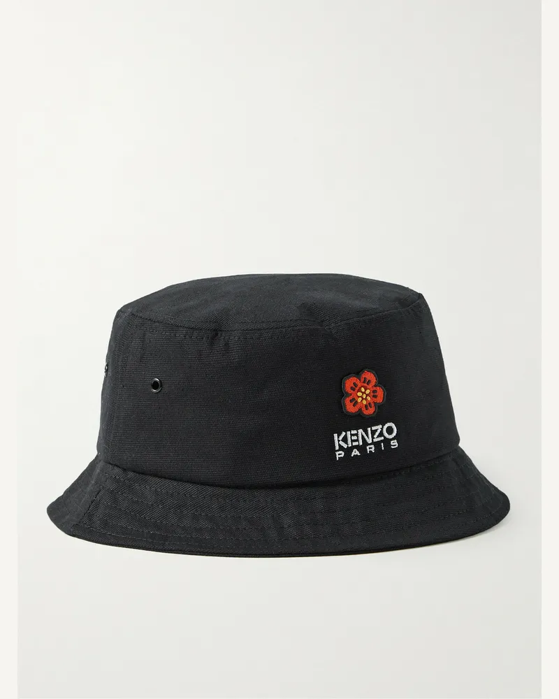 Kenzo Cappello da pescatore in tela di cotone con logo ricamato e applicazione Nero