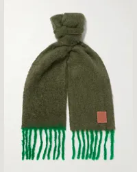 Loewe Sciarpa in misto mohair bicolore con frange e logo in pelle Verde