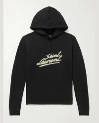 Saint Laurent Felpa con cappuccio in jersey di cotone con logo floccato Nero