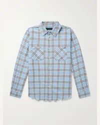 Amiri Camicia in flanella di cotone a quadri effetto consumato con logo applicato Shotgun Blu