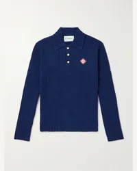 Casablanca Paris Polo in misto cotone bouclé a coste con logo applicato Blu