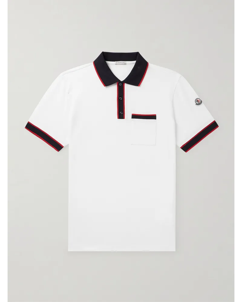 Moncler Polo in cotone piqué con logo applicato Bianco