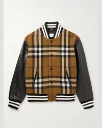 Burberry Giacca college in pelle pieno fiore e misto lana a quadri Marrone