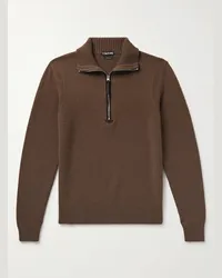 Tom Ford Pullover in misto lana con finiture in camoscio e mezza zip Marrone