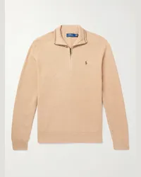 Ralph Lauren Pullover in cotone a nido d'ape con logo ricamato e mezza zip Neutri