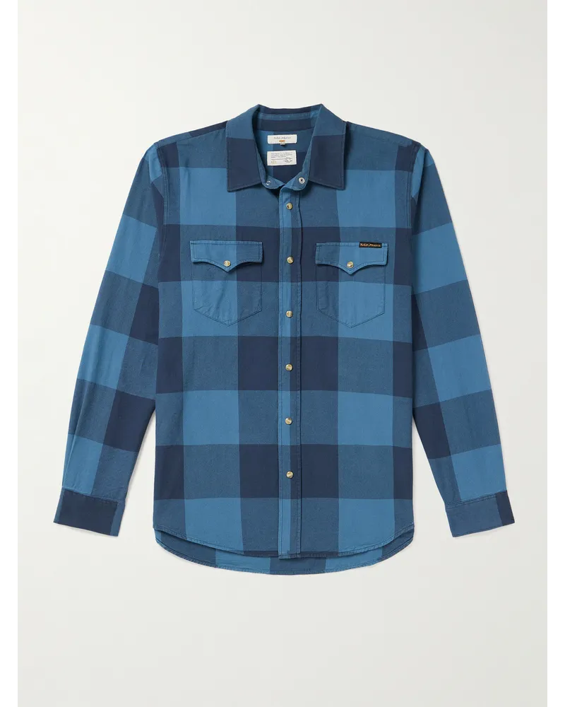 Nudie Jeans Camicia stile Western in twill di cotone a quadri George Blu