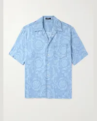 Versace Camicia in chambray di cotone jacquard con colletto aperto Blu