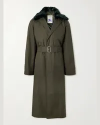 Burberry Car coat in gabardine di cotone con finiture in peluche e cintura Verde