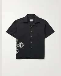 RHUDE Camicia in twill di cotone con logo e colletto aperto Nero