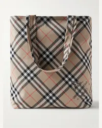 Burberry Tote bag in twill a quadri con logo applicato Marrone