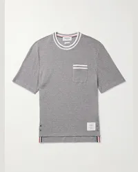 Thom Browne T-shirt in cotone pointelle con righe e logo applicato Grigio