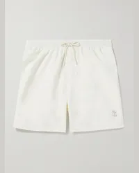 Brunello Cucinelli Shorts da mare medi a gamba dritta con logo ricamato Neutri