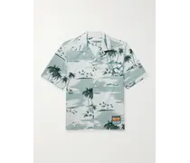 Camicia in voile di cotone stampato con colletto aperto e logo applicato Resort