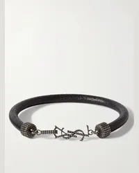 Saint Laurent Bracciale in pelle testurizzata e metallo argentato Nero