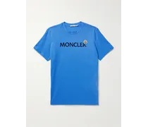 Moncler T-shirt in jersey di cotone con logo floccato e applicazione Blu