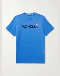 Moncler T-shirt in jersey di cotone con logo floccato e applicazione Blu