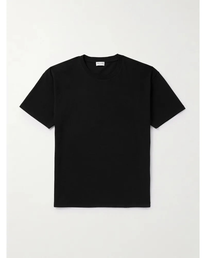 Saint Laurent T-shirt in cotone piqué con logo ricamato Nero