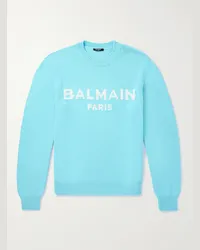 Balmain Pullover in misto lana con logo a intarsio Blu