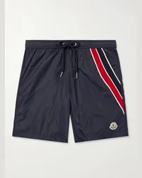 Moncler Shorts da mare medi a gamba dritta con righe e logo applicato Blu