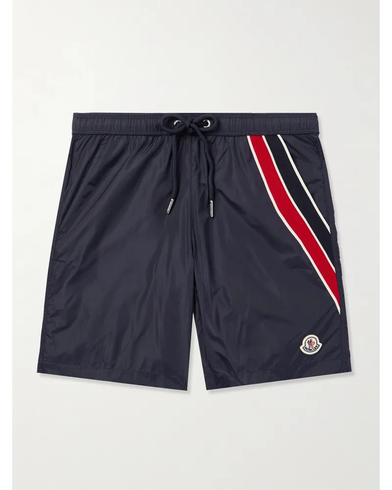 Moncler Shorts da mare medi a gamba dritta con righe e logo applicato Blu