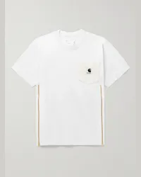 Sacai Carhartt WIP T-shirt in jersey di cotone con finiture in tela, logo applicato e zip Bianco