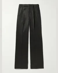 Saint Laurent Pantaloni gessati a gamba dritta in flanella di misto lana e cotone Nero