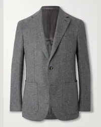 Caruso Blazer slim-fit in misto lana e cashmere a spina di pesce Grigio