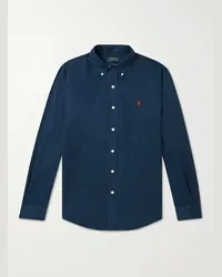 Ralph Lauren Button-Down Collar Logo-Embroidered Linen Shirt Blu