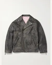 Acne Studios Giacca biker in pelle con logo goffrato Grigio