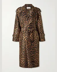 Saint Laurent Trench in voile di seta con stampa leopardata Marrone