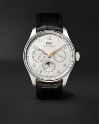 IWC Orologio automatico con calendario perpetuo 42,4 mm in acciaio inossidabile con cinturino in alligatore Portugieser, N. IW344203 Argento