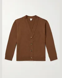 Bottega Veneta Cardigan in misto cashmere con finiture in pelle e motivo Intrecciato Marrone