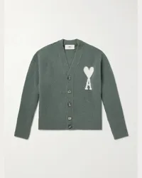 AMI Paris Cardigan in lana con logo a intarsio Verde