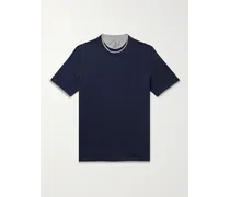 Brunello Cucinelli T-shirt in jersey di cotone a strati con logo ricamato Blu