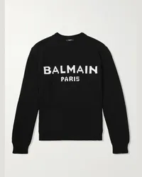 Balmain Pullover in misto lana con logo a intarsio Nero